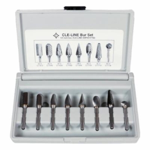 Cle-Line® C17763 1855 Inverted Taper Burr Set, Single Cut, Ball, Conical, Cylindrical, Cylindrical Ball End, Egg, Pointed Conical, Pointed Tree and Round Tree Head, 8 Pieces, 2 in OAL