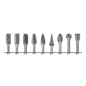Cle-Line® C17769 1855 Spiral Burr Set, Double Cut, 1/4 in Dia Head, 9 Pieces